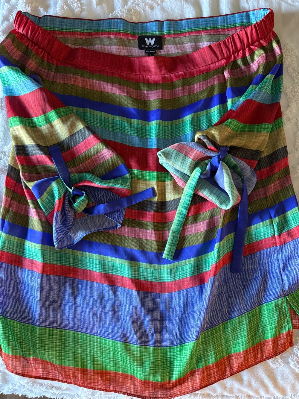 W by Worth GORGEOUS Strapless Striped Tie-Sleeve Blouse in Red, Blue, Green